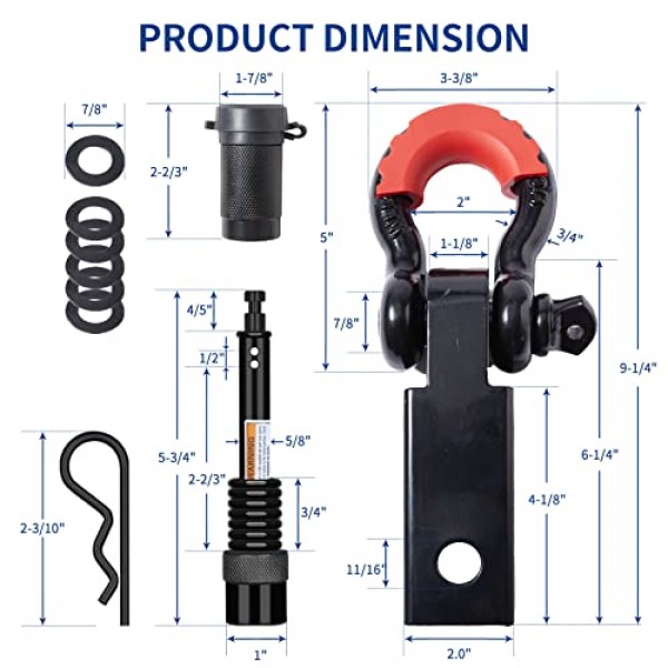 METOWARE 샤클 히치 수신기 2인치(3/4인치 D 링 샤클 및 5/8인치 트레일러 히치 핀 잠금 장치 포함), 45,000파운드 파손 강도 중부하 작업용 수신기 키트, 비바람에 견디는 도