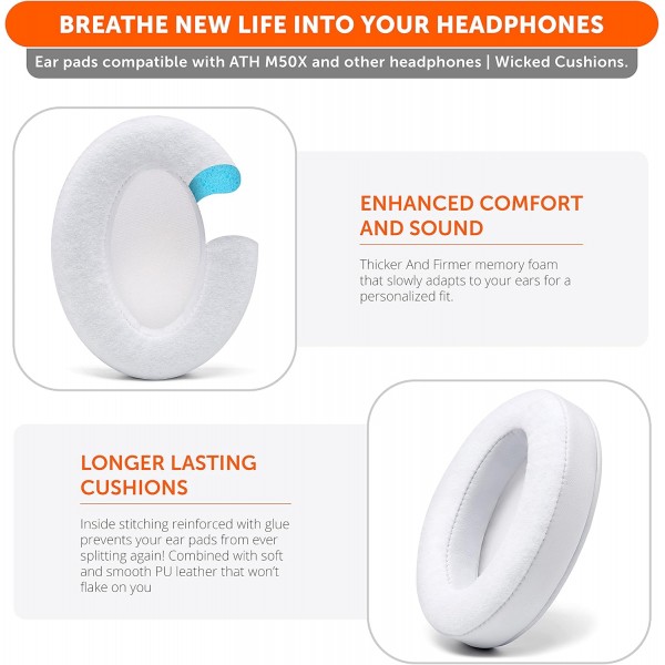 WC PadZ Velor - Wicked Cushions의 Ultimate Ear Pads - Audio Technica, HyperX, SteelSeries Arctis 등과 호환 가능 - 매우 두꺼움 - 큰 구멍 - 부드러운 메모리 폼 | 흰색 흰색
