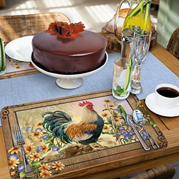 Counterart Country Charm Rooster 4 팩 가역식 간편한 관리 유연한 플라스틱 플레이스 매트 미국산 BPA 없음 쉽게 깨끗하게 닦임