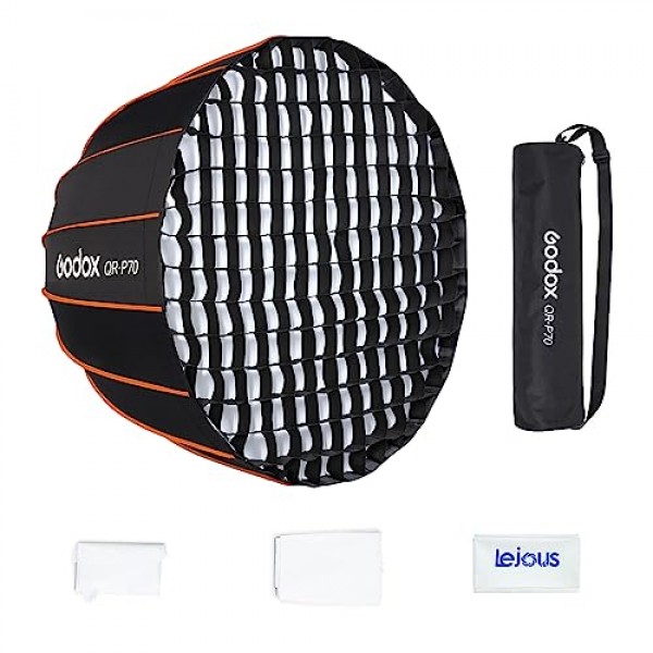 Godox QR-P70 27.5인치/70cm 파라볼릭 소프트박스 퀵 릴리스, 디퓨저/허니컴 그리드 포함, SL-60W VL150II SL150III FV150 AD600 Pro Bowens 마운트 라이트용 휴대용