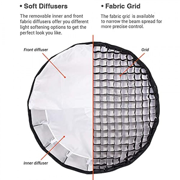 Godox QR-P70 27.5인치/70cm 파라볼릭 소프트박스 퀵 릴리스, 디퓨저/허니컴 그리드 포함, SL-60W VL150II SL150III FV150 AD600 Pro Bowens 마운트 라이트용 휴대용