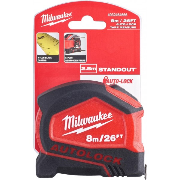 Milwaukee Flexómetro Autolock 8m/25ft x 27mm(cajas de 6)