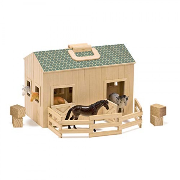 Melissa & Doug Fold and Go Wooden Horse Stable Dollhouse With Handle and Toy Horses (11 pcs) - 휴대용 말 헛간 플레이 세트, 어린이용 장난감 말 피규어 3+