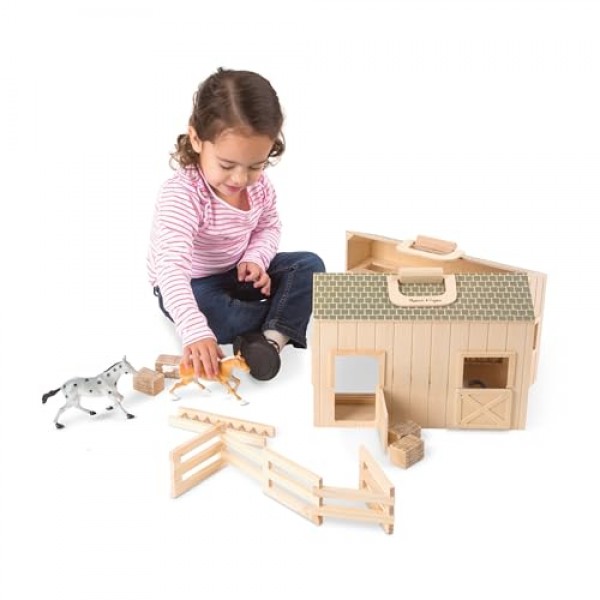 Melissa & Doug Fold and Go Wooden Horse Stable Dollhouse With Handle and Toy Horses (11 pcs) - 휴대용 말 헛간 플레이 세트, 어린이용 장난감 말 피규어 3+