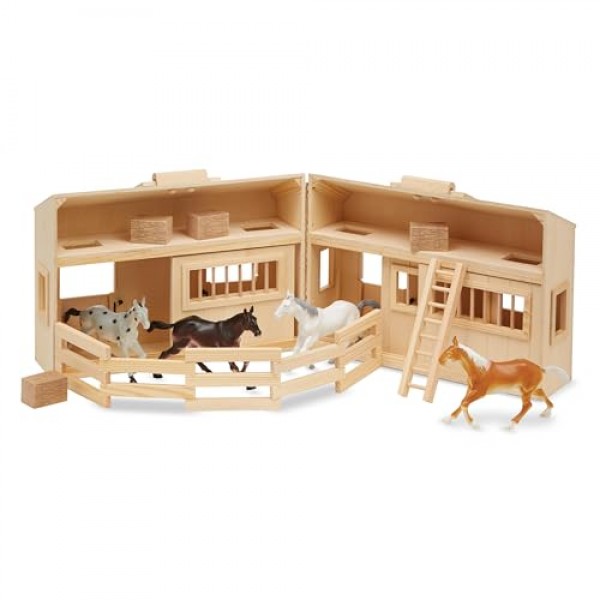 Melissa & Doug Fold and Go Wooden Horse Stable Dollhouse With Handle and Toy Horses (11 pcs) - 휴대용 말 헛간 플레이 세트, 어린이용 장난감 말 피규어 3+