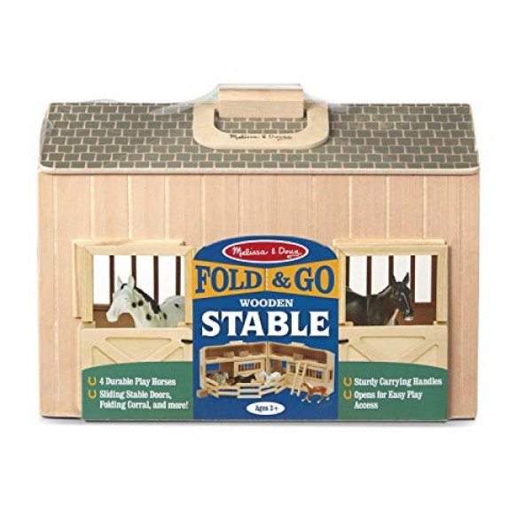 Melissa & Doug Fold and Go Wooden Horse Stable Dollhouse With Handle and Toy Horses (11 pcs) - 휴대용 말 헛간 플레이 세트, 어린이용 장난감 말 피규어 3+