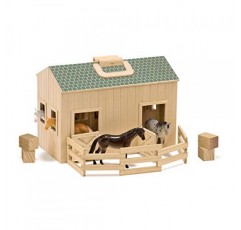 Melissa & Doug Fold and Go Wooden Horse Stable Dollhouse With Handle and Toy Horses (11 pcs) - 휴대용 말 헛간 플레이 세트, 어린이용 장난감 말 피규어 3+