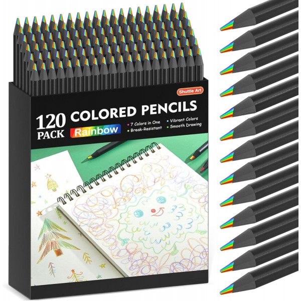 셔틀 아트 120 Pcs 레인보우 연필 7 색 1 레인보우 컬러 연필 Pre-Sharpened Shatter Resistant Black Wooden Pencils for Kids Adults Painting Drawing Sketching