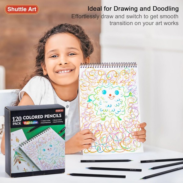 셔틀 아트 120 Pcs 레인보우 연필 7 색 1 레인보우 컬러 연필 Pre-Sharpened Shatter Resistant Black Wooden Pencils for Kids Adults Painting Drawing Sketching