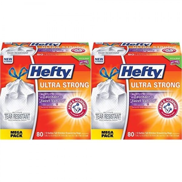 Hefty Ultra Strong Tall 주방 쓰레기 봉투 - 라벤더 & 스위트 바닐라, 13 갤런, 80개(2개 팩)