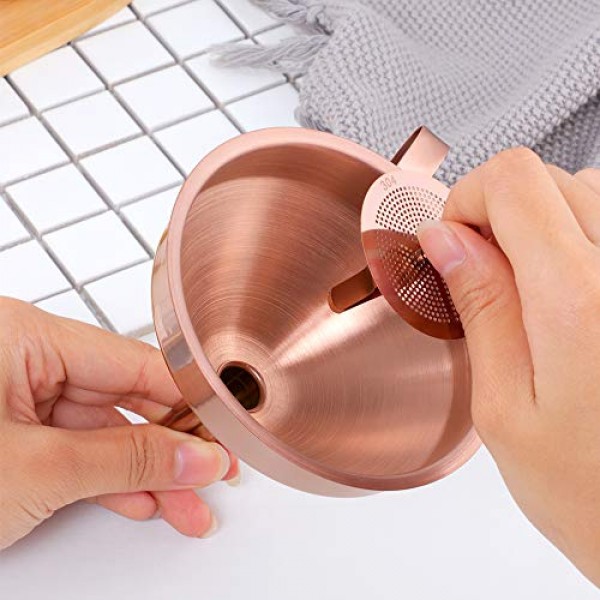 탈착식 필터가 있는 Buyer Star 2PCS 깔때기, 18/8(304)스테인레스 스틸, 식품 등급 금속 주방 깔때기(로즈 골드)