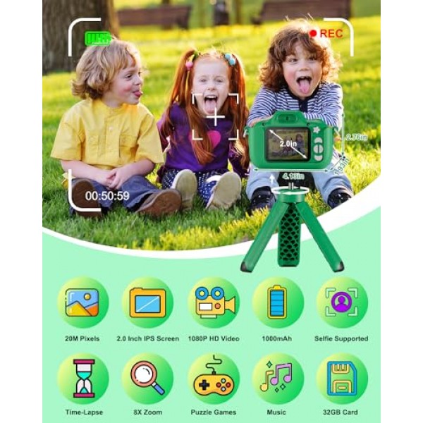 소년 소녀를위한 어린이 카메라 유아 어린이 3-8 세 크리스마스 생일 선물 장난감 Selfie 디지털 듀얼 카메라 32GB 카드