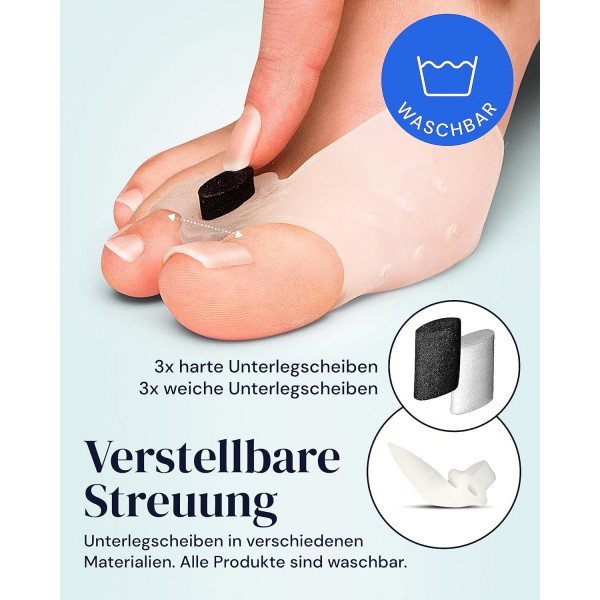 YogaMedic Hallux Valgus toe spreader 6x 퍼짐과 스트레칭을 위한 조절 가능한 젤 부목 - 건막류 교정 지원 - 조절 가능한 퍼짐 효과가 있는 실리콘 쿠션 - 0% BPA 여성, 남성