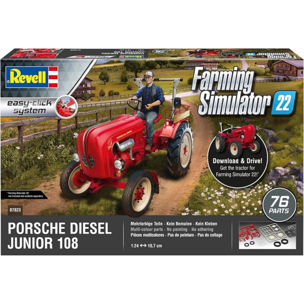 Revell 07823 트랙터 Porsche Junior 108 Farming Simulator Edition, 직접 조립할 수 있는 트랙터의 전설, 쉬운 클릭 시스템을 갖춘 초보자를 위한 1:24, 10.7cm 모델 키트, 컬러 부품, 빨