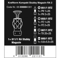 Wera 05008884001 Kraftform Kompakt Stubby Magazine RA 2, 비트 매거진이 있는 Stubby 래칫 스크루드라이버, 6개 KK Stubby Magazin RA 2