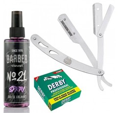 The Shave Factory 직선형 면도날 키트(스틸 면도기/이발사 No21 50ml 콜롱/100 Derby Professional Single Edge Razor Blades)