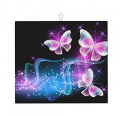 예쁜 나비 흡수성 세척 가능한 천 접시 배수구 매트 16x18 인치, 다채로운 검은 보라색 가역 마이크로 화이버 접시 건조 매트 여성용 주방 카운터