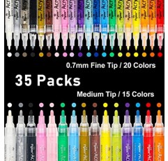 35개의 프리미엄 아크릴 페인트 마커 펜, 바위 그림, 머그, 세라믹, 유리, 목재, 직물, 캔버스, 금속, 호박, DIY 공예 미술 용품 ​​만들기를 위한 엑스트라 파인 및 중간