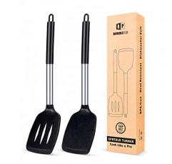 실리콘 솔리드 터너 2개 팩, 붙지 않는 슬롯형 주방 주걱, 고내열 BPA 프리 조리 기구, 생선, 계란, 팬케이크에 이상적인 조리기구(검은색)