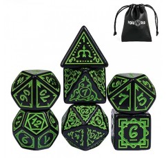 Poludie DND 주사위 세트 -D&D 다면체 주사위(7개) 던전 및 드래곤용 가죽 주사위 가방이 포함된 드루이드 주사위 역할 놀이 주사위 게임 RPG(Druid - Black Green)
