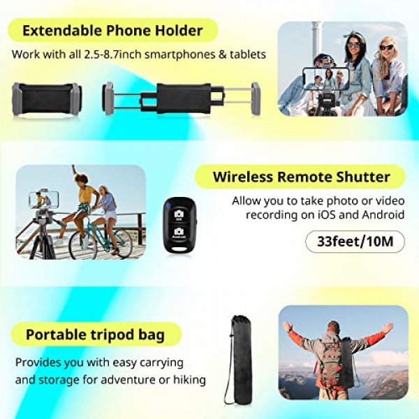 Sensyne 64인치 카메라 삼각대 스탠드, 무선 리모컨이 포함된 다용도 휴대폰 및 iPad 삼각대, 셀카/비디오 녹화/사진/라이브 스트림/Vlog용 2-in-1 휴대폰 홀더