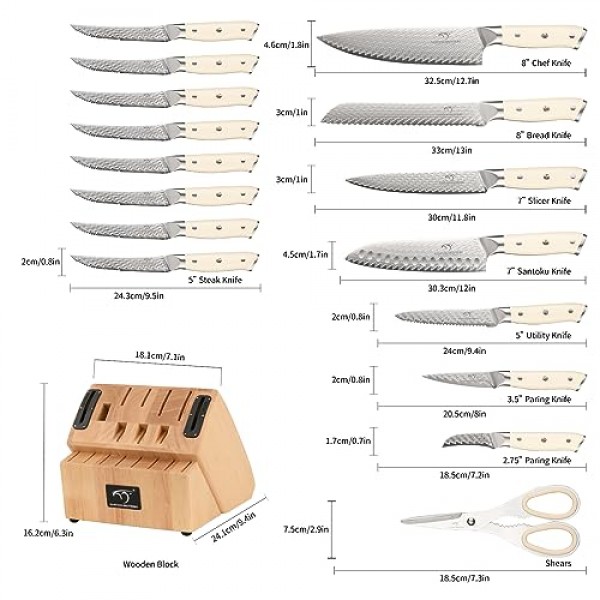 NANFANG BROTHERS 주방 칼 세트, 19 조각 다마스커스 강철 스테이크 칼 세트, VG10 전문 요리사 칼 세트, 블록, 칼 숫돌 및 주방 가위