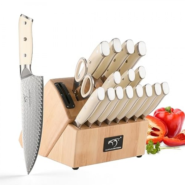 NANFANG BROTHERS 주방 칼 세트, 19 조각 다마스커스 강철 스테이크 칼 세트, VG10 전문 요리사 칼 세트, 블록, 칼 숫돌 및 주방 가위