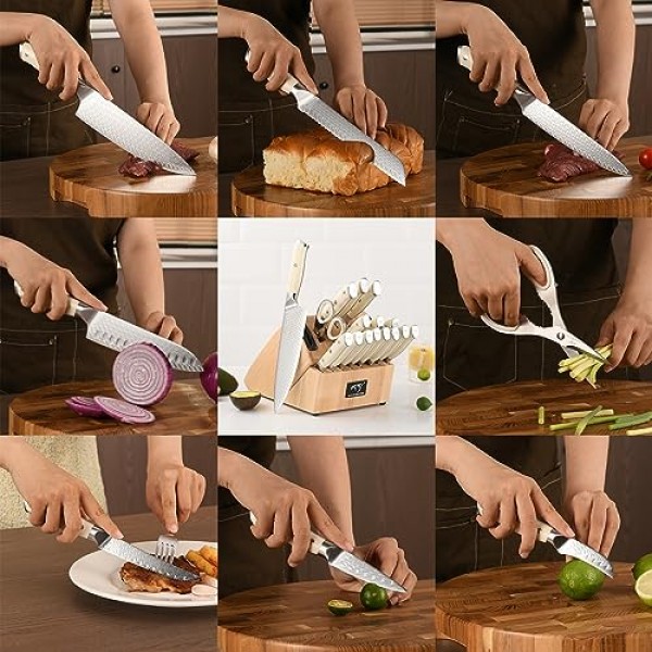 NANFANG BROTHERS 주방 칼 세트, 19 조각 다마스커스 강철 스테이크 칼 세트, VG10 전문 요리사 칼 세트, 블록, 칼 숫돌 및 주방 가위