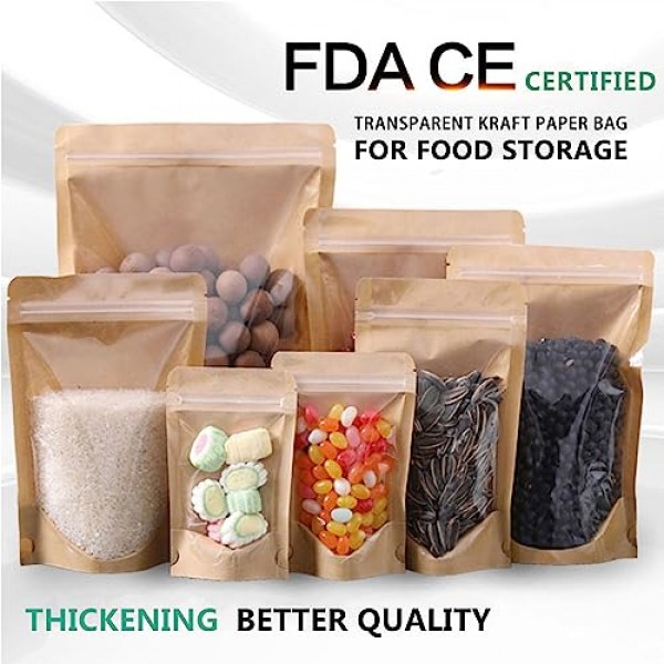 50pcs 크래프트 가방 창 지우기 Fornt 파우치 Resealable 스탠드 업 지퍼 잠금 식품 저장 가방 브라운 8 