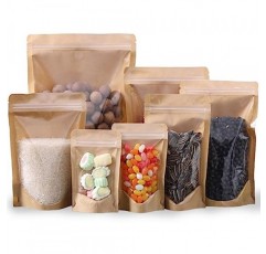 50pcs 크래프트 가방 창 지우기 Fornt 파우치 Resealable 스탠드 업 지퍼 잠금 식품 저장 가방 브라운 8 