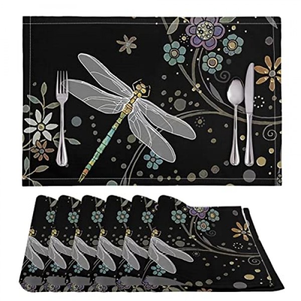 BIGCARJOB 잠자리 Placemats 6 개 꽃 잠자리 코튼 린넨 장소 매트 세트 농가 계절 홈 장식 주방 저녁 식사 테이블 파티