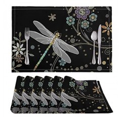 BIGCARJOB 잠자리 Placemats 6 개 꽃 잠자리 코튼 린넨 장소 매트 세트 농가 계절 홈 장식 주방 저녁 식사 테이블 파티