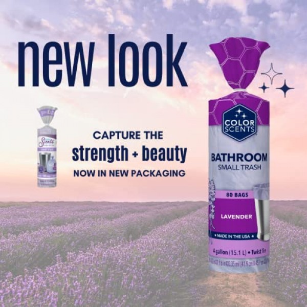 Color Scents 소형 쓰레기 봉투 - 4갤런, 80개 봉지(80개 1팩), 트위스트 타이 - 라벤더 향이 나는 라벤더 봉지(80개 1팩)