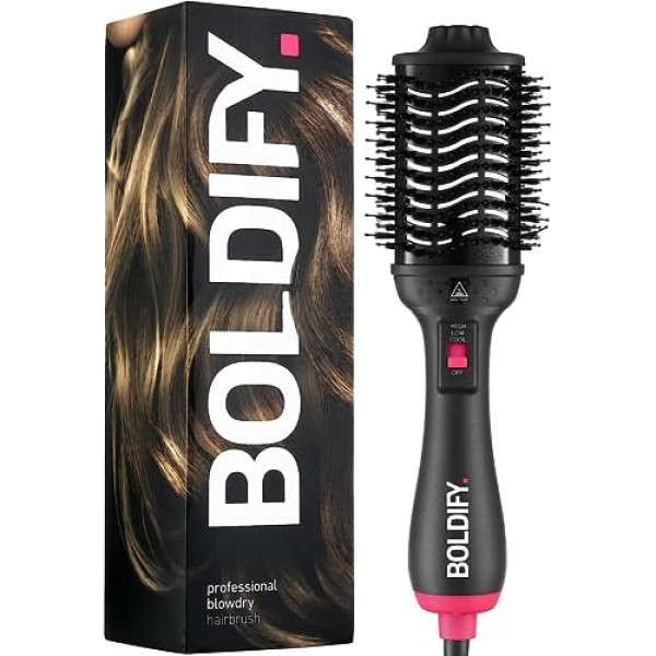 BOLDIFY 프로페셔널 블로우 드라이 브러시 - 부드럽고 빛나는 컬, 웨이브 또는 스트레이트너용 - BoarCraft™ 숯 주입 헤어 드라이어 브러시(Volumtech™, 곱슬 방지 고급 이온