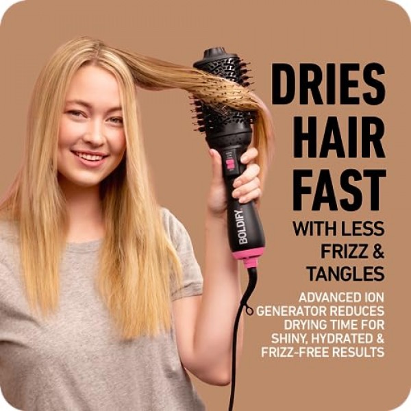 BOLDIFY 프로페셔널 블로우 드라이 브러시 - 부드럽고 빛나는 컬, 웨이브 또는 스트레이트너용 - BoarCraft™ 숯 주입 헤어 드라이어 브러시(Volumtech™, 곱슬 방지 고급 이온