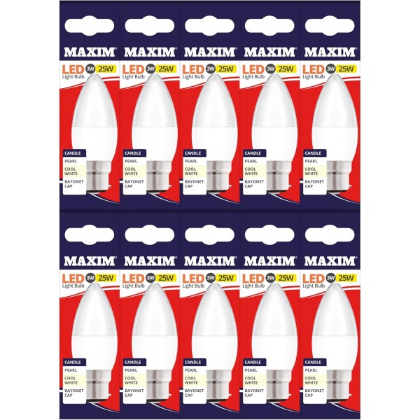 Maxim LED 양초 총검 캡(쿨 화이트) - 3watt(25watt)(팩 10), 25MLCBCCW5X10 팩 1 - 10개 카운트 전구 쿨 화이트