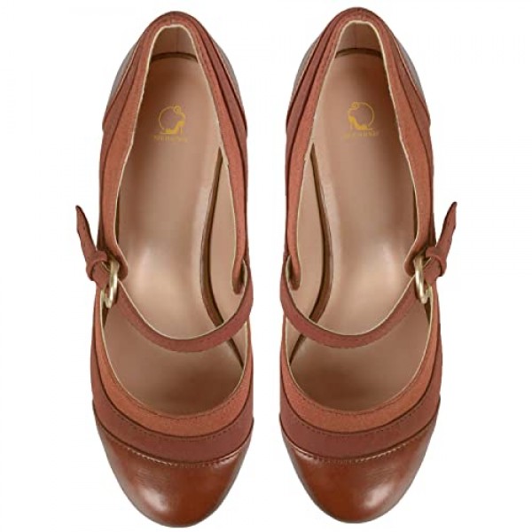 여성 키튼 힐 메리 제인 펌프스 마감 둥근 발가락 발목 스트랩 패치워크 편안한 3인치 중반 청키 메리 제인 힐 캡토 투톤 버클 드레스 슈즈 숙녀 파티 웨딩 빈티지 4-11 