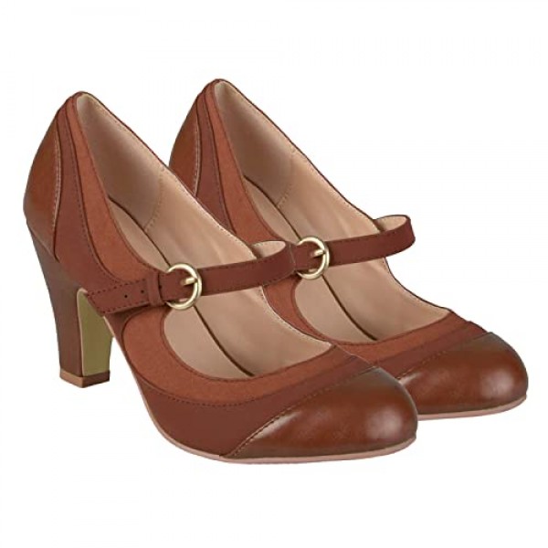 여성 키튼 힐 메리 제인 펌프스 마감 둥근 발가락 발목 스트랩 패치워크 편안한 3인치 중반 청키 메리 제인 힐 캡토 투톤 버클 드레스 슈즈 숙녀 파티 웨딩 빈티지 4-11 