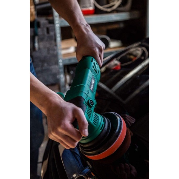 VONROC 편심 폴리셔 세트/듀얼 액션/폴리셔 세트 - 상수 전자장치 - 소프트 스타트 - 150mm - 1050W - 4개의 폴리싱 패드, 백킹 디스크 및 4개의 폴리싱 디스크가 포함된 백 포