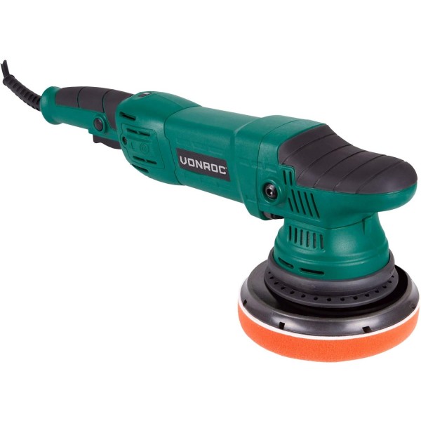 VONROC 편심 폴리셔 세트/듀얼 액션/폴리셔 세트 - 상수 전자장치 - 소프트 스타트 - 150mm - 1050W - 4개의 폴리싱 패드, 백킹 디스크 및 4개의 폴리싱 디스크가 포함된 백 포