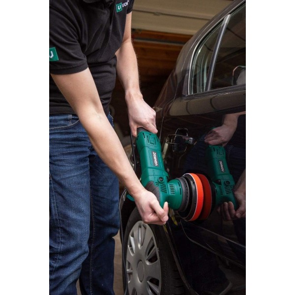 VONROC 편심 폴리셔 세트/듀얼 액션/폴리셔 세트 - 상수 전자장치 - 소프트 스타트 - 150mm - 1050W - 4개의 폴리싱 패드, 백킹 디스크 및 4개의 폴리싱 디스크가 포함된 백 포