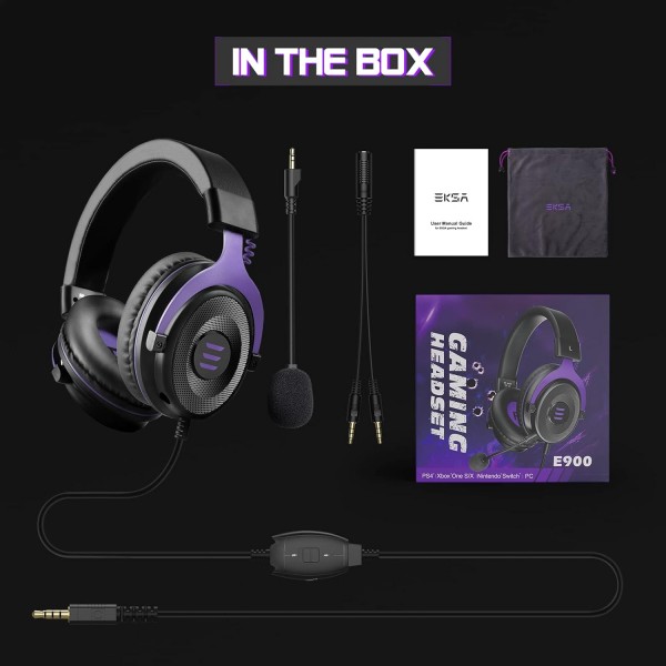 EKSA E900 PC 게임용 헤드셋(마이크 포함), 탈착식 소음 제거 마이크 및 스테레오 베이스 사운드, 3.5mm 잭 PS4 유선 게임용 헤드폰, PC, 노트북, Xbox One용 PS5 게이머 헤드폰, 