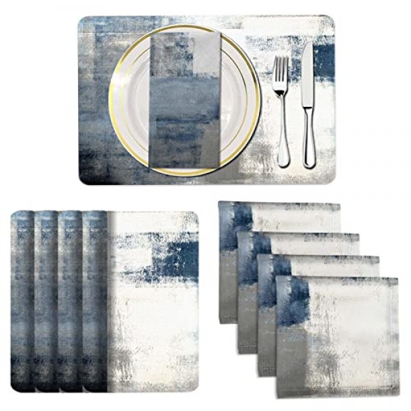 MCALK 파란색 플레이스매트 4개 및 천 냅킨 8개 세트, 현대 미술 플레이스매트, 가정 주방 장식용 추상 미술 페인팅 플레이스매트(플레이스매트 18