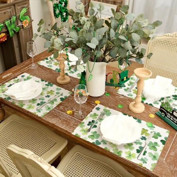 ARKENY 성 패트릭의 날 Placemats 12x18 인치 4개 세트, 토끼풀 녹색 봄 계절 농가 삼베 실내 주방 식탁 매트 장식 홈 파티 AP393-4