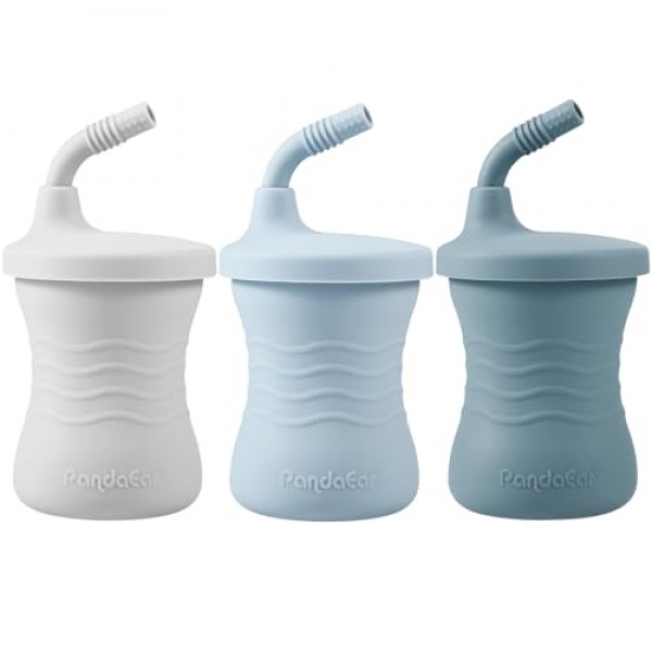 PandaEar 실리콘 훈련 컵, 3팩 아기 및 유아 6개월 이상용 밀짚 포함 아기 마시는 시피 컵(진한 파란색/밝은 파란색/회색)