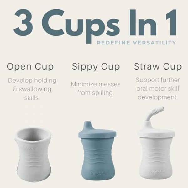PandaEar 실리콘 훈련 컵, 3팩 아기 및 유아 6개월 이상용 밀짚 포함 아기 마시는 시피 컵(진한 파란색/밝은 파란색/회색)