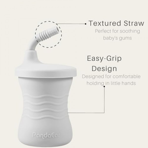 PandaEar 실리콘 훈련 컵, 3팩 아기 및 유아 6개월 이상용 밀짚 포함 아기 마시는 시피 컵(진한 파란색/밝은 파란색/회색)