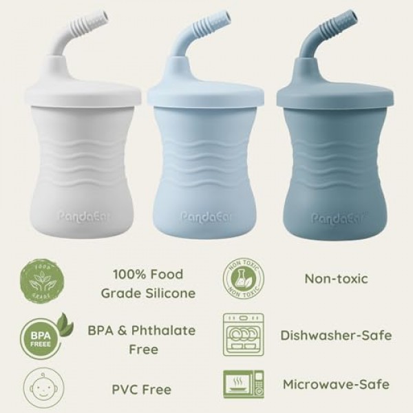 PandaEar 실리콘 훈련 컵, 3팩 아기 및 유아 6개월 이상용 밀짚 포함 아기 마시는 시피 컵(진한 파란색/밝은 파란색/회색)