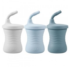PandaEar 실리콘 훈련 컵, 3팩 아기 및 유아 6개월 이상용 밀짚 포함 아기 마시는 시피 컵(진한 파란색/밝은 파란색/회색)