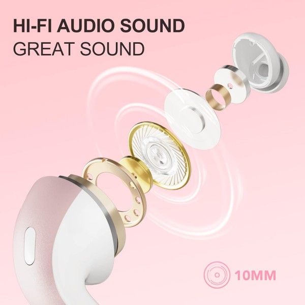 Tiksounds 무선 헤드폰, 마이크가 있는 Bluetooth 헤드폰 인이어, LED 전원 표시등으로 35시간 재생, IPX7 방수, HiFi 스테레오 인이어 헤드폰 Bluetooth for work, study, pink